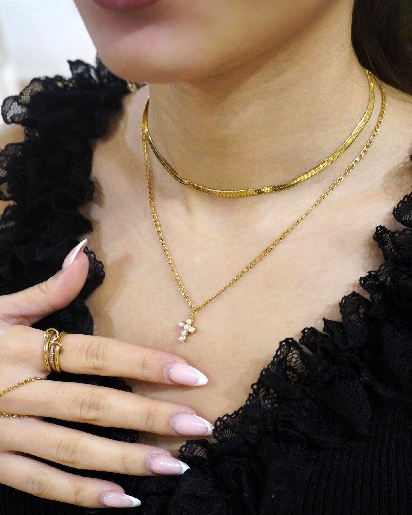 Perlen Kreuz Kette - Gold
