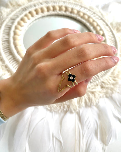 Kleeblatt Ring mit Stein - schwarz