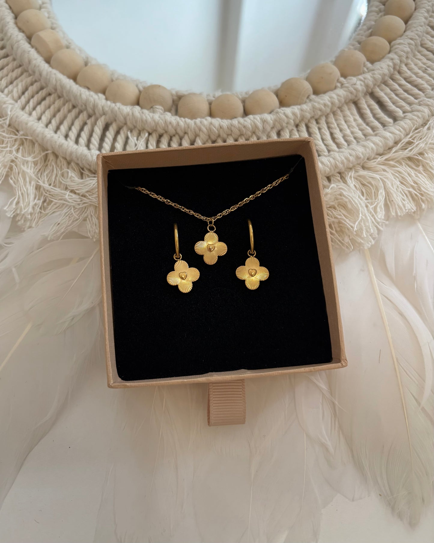 Kleeblatt mit Herz Set - Kette & Ohrringe