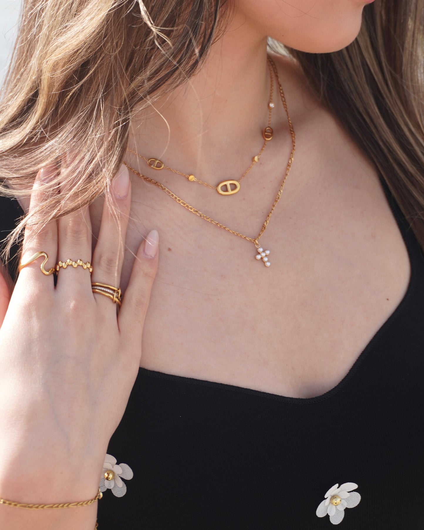 Perlen Kreuz Kette - Gold